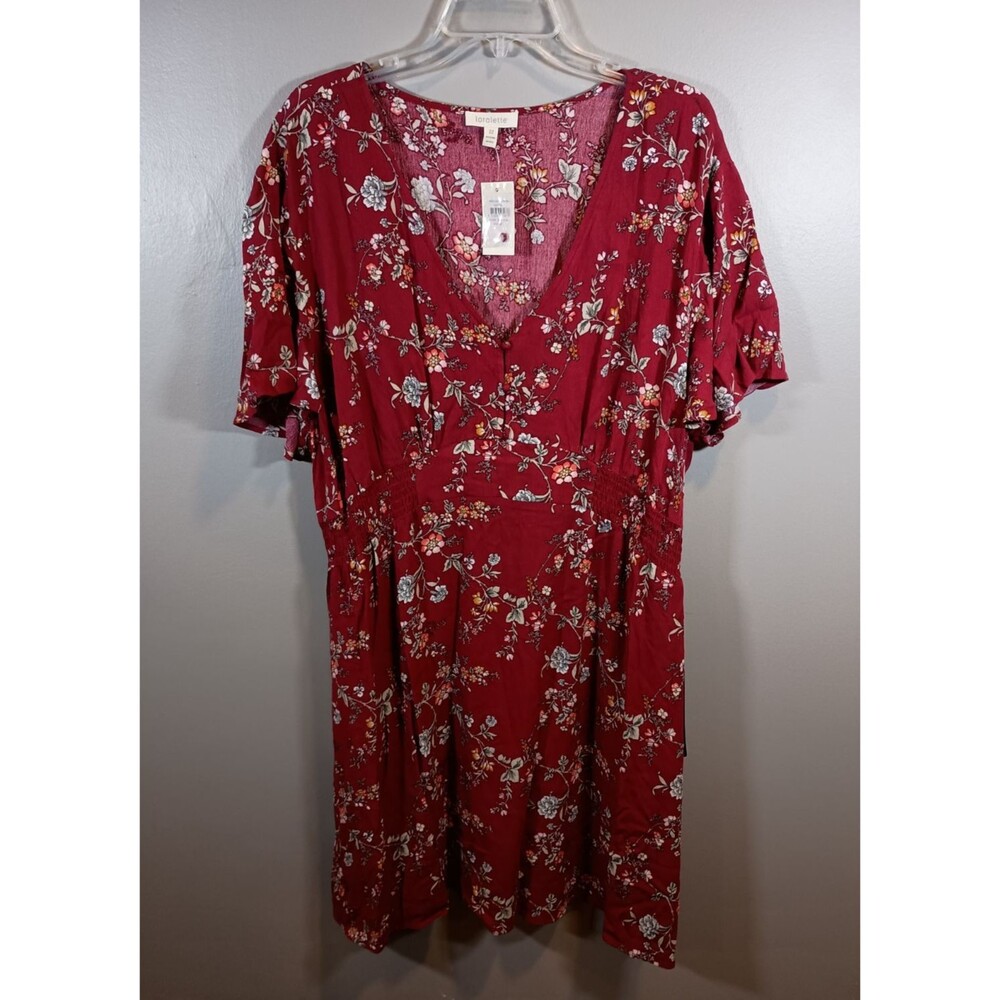 NWT Loralette V Neck Red Floral Short Sleeve Smoked Waist Dress Plus Size 22